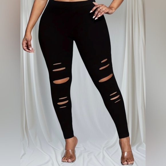 NWT Plus Size Solid Color Ripped Skinny Leggings, Casual Stretchy Leggings Women - Picture 3 of 5